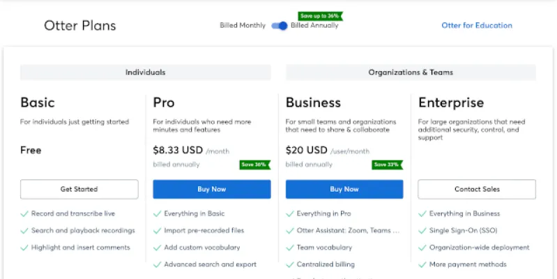 Otter AI Pricing Plans